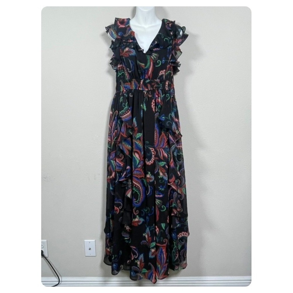LOFT Maxi Dress Womens Medium Black‎ Paisley Excellent Ruffle Smocked Boho